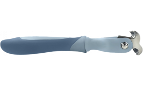 Sidevisning av grå flokekam med slankt ergonomisk håndtak og stålblader for skånsom pleie.