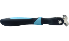 Sidevisning av blå flokekam med slankt ergonomisk håndtak og stålblader for skånsom pleie.