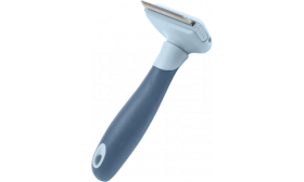 Grå/blå kattebørste for pelsfjerning med stålblad, ergonomisk grep og lett rengjøring, egnet for stell.
