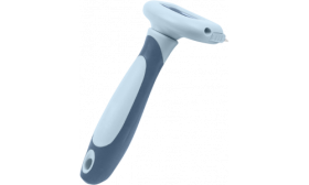 Sidevisning av grå/blå kattebørste for pelsfjerning med ergonomisk håndtak, trygg og komfortabel for stell.