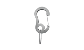 Liten sølv karabinkrok for kattetag med avrundet topp, fjærklips og ring for feste av id brikke katt eller bånd.