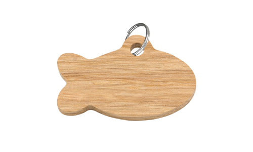 Fiskeformet tre kattetag med glatt, giftfri finish og sølv splittring, tilpassbar som personlig id brikke katt.