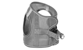 Sidevisning av grå reflekssele med sølv D-ring og justerbare stropper for sikker og komfortabel bruk med id brikke katt.