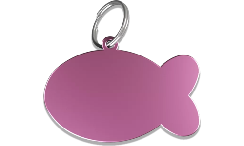 Fiskeformet rosa kattetag i aluminium med splittring, personlig id brikke katt og graverbar med kattens navn.