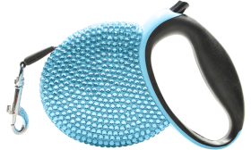 Uttrekkbart katteleiebånd med blått rhinsten-deksel, synlig bånd, metallkrok og svart knapp for id brikke katt.