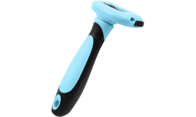 Sidevisning av blå/svart kattebørste for pelsfjerning med ergonomisk håndtak, trygg og komfortabel for stell.