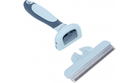 Avtakbart stålblad til grå/blå kattebørste for pelsfjerning med ergonomisk grep, lett å rengjøre.